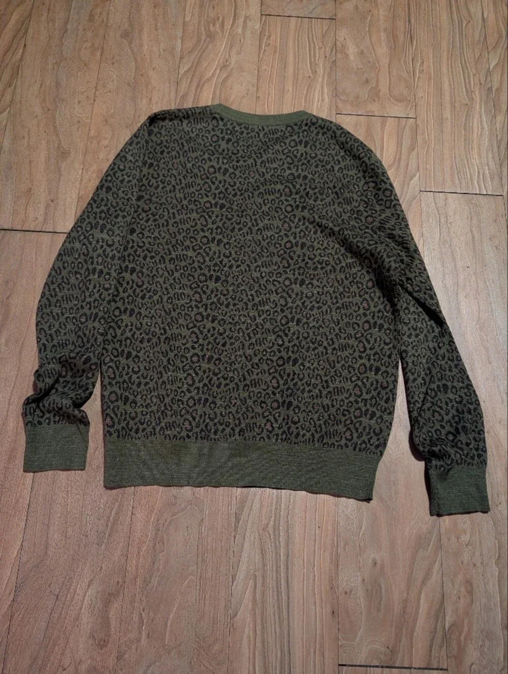 J. Crew Olive Crewneck Sweater with Black Leopard Print - Men
